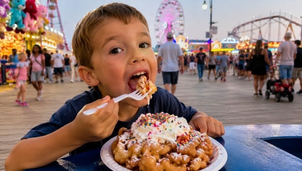 Young child eating a colorful funnel cake on a classic Jersey Shore boardwalk in the evening with amusement rides and game booths visible in the background