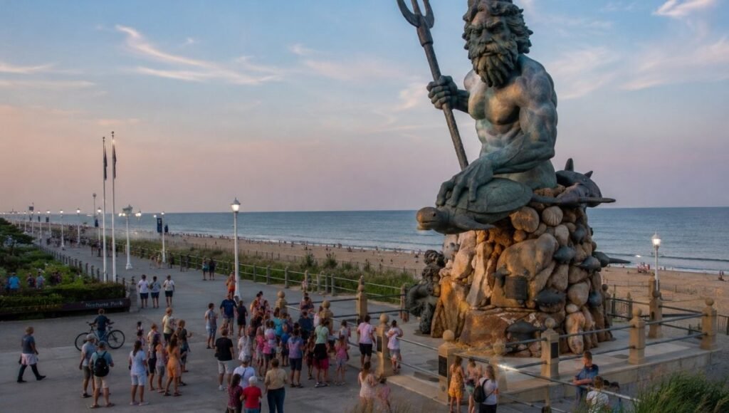 34-foot bronze King Neptune statue at 31st Street Virginia Beach boardwalk with Neptune Park and people gathered around on a summer evening