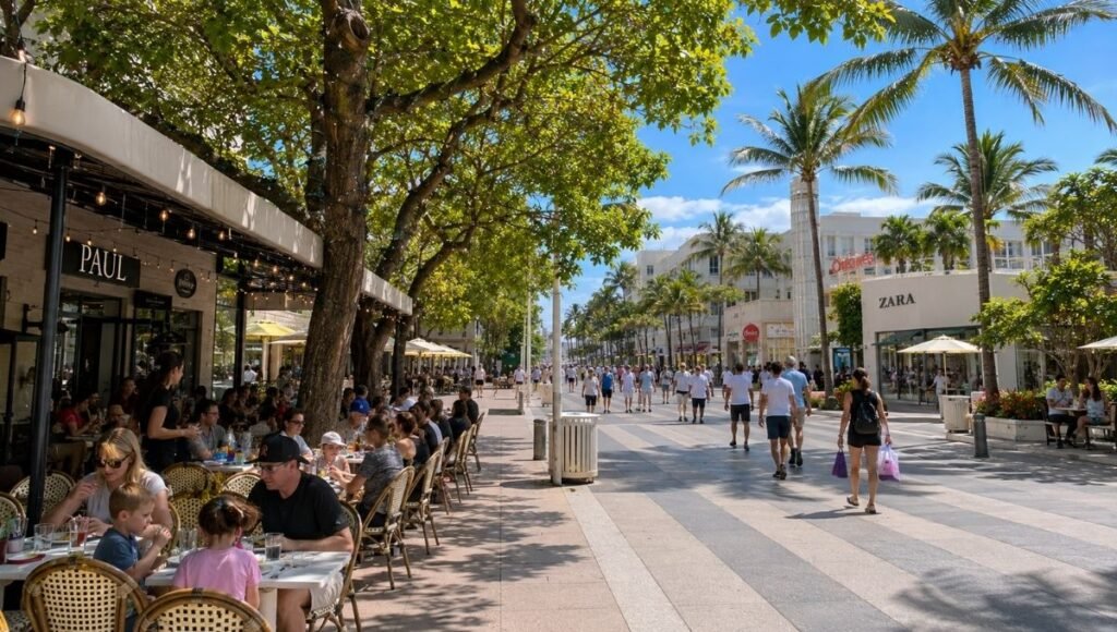 Lincoln Road pedestrian mall in Miami Beach Florida showing outdoor dining with families at cafe tables under shade trees on a bright sunny afternoon