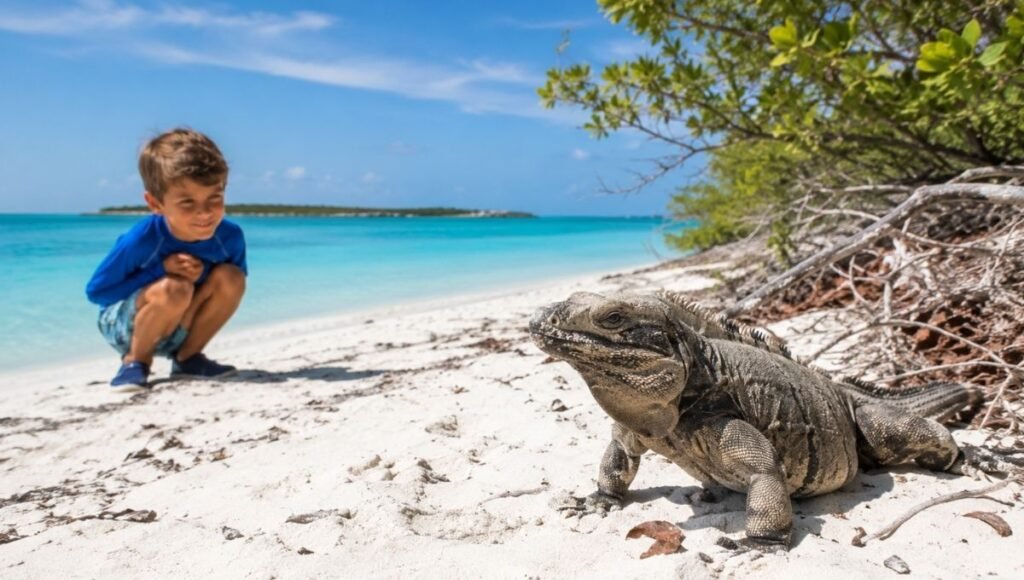 Large endangered Turks and Caicos rock iguana on white sandy beach at Little Water Cay nature reserve with child watching from a safe distance