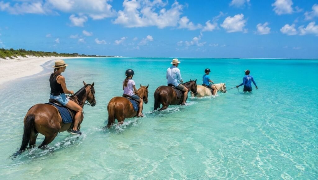 Family on horseback riding into shallow turquoise Caribbean water at Long Bay Beach Providenciales Turks and Caicos guided by expert instructors