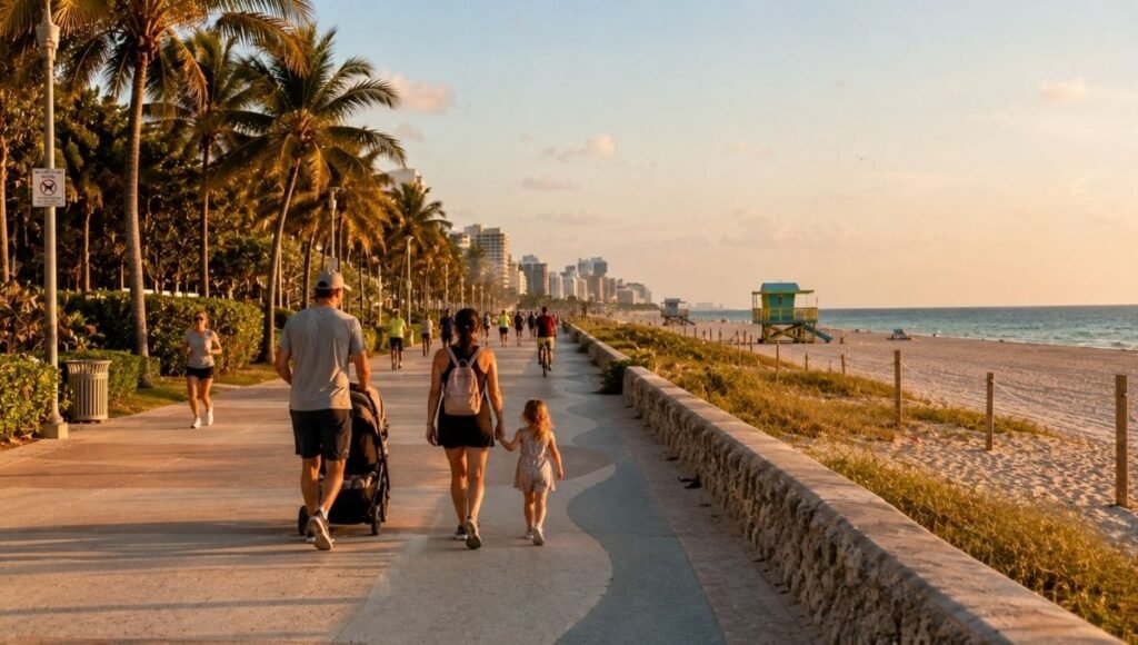 Family with stroller walking along the Miami Beach Boardwalk in early morning with Atlantic ocean visible and joggers sharing the paved path