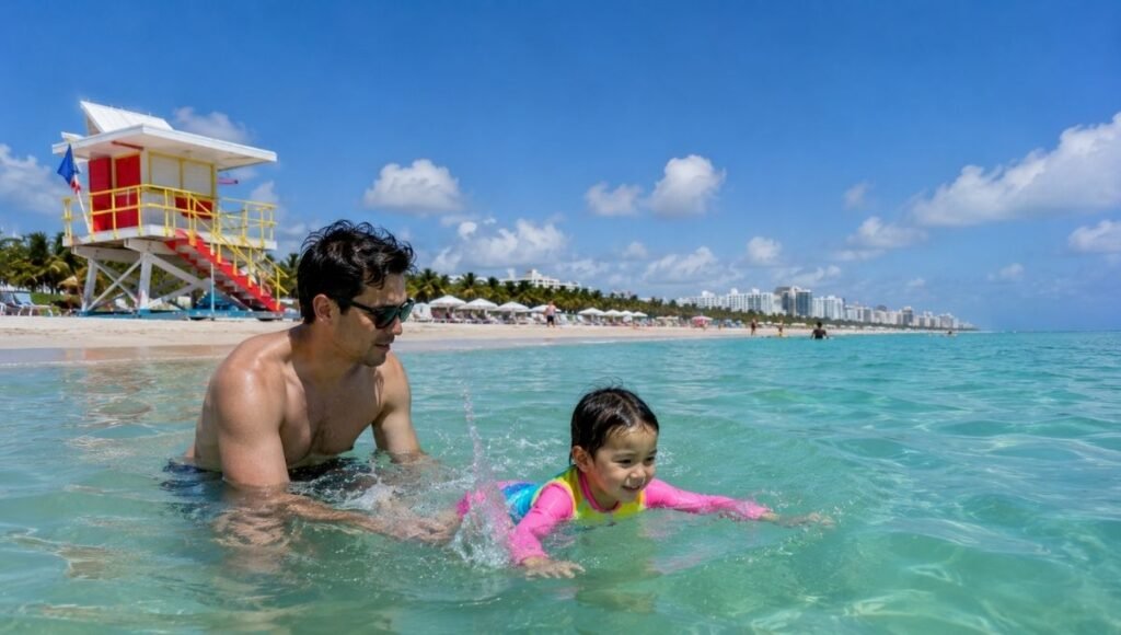 Parent supervising young child swimming in turquoise Atlantic water at South Beach Miami Beach Florida with lifeguard stand visible in background