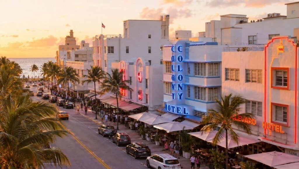 Ocean Drive Miami Beach Florida at golden hour showing pastel Art Deco architecture buildings with palm trees and turquoise Atlantic ocean in the background