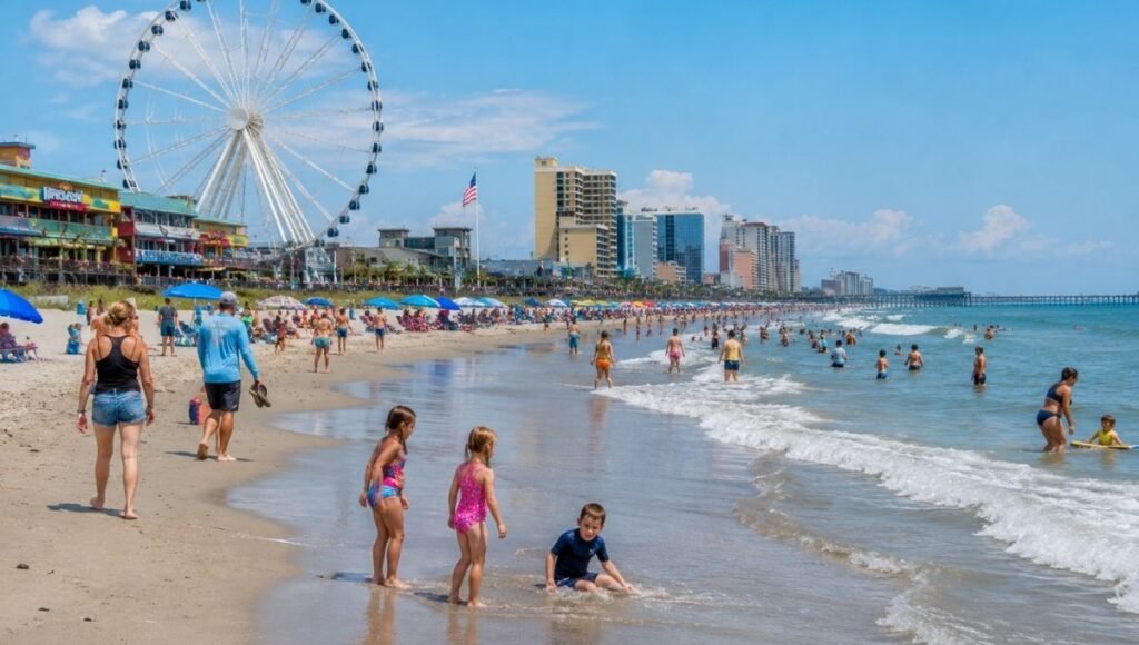 Myrtle Beach South Carolina boardwalk family scene with wide sandy beach families in the water and the SkyWheel Ferris wheel visible in the background