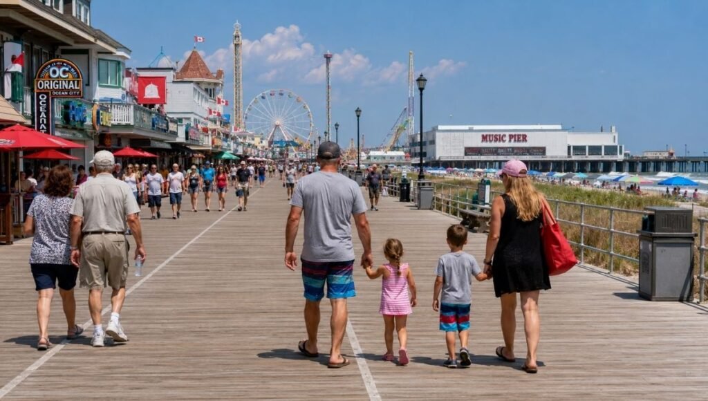 Families with children walking along the classic Ocean City New Jersey boardwalk with amusement rides and the Music Pier visible on a bright sunny summer day