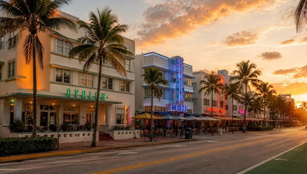 Ocean Drive Miami Beach Florida at sunrise showing pastel colored Art Deco architecture buildings including the Colony and Avalon hotels in warm golden morning light