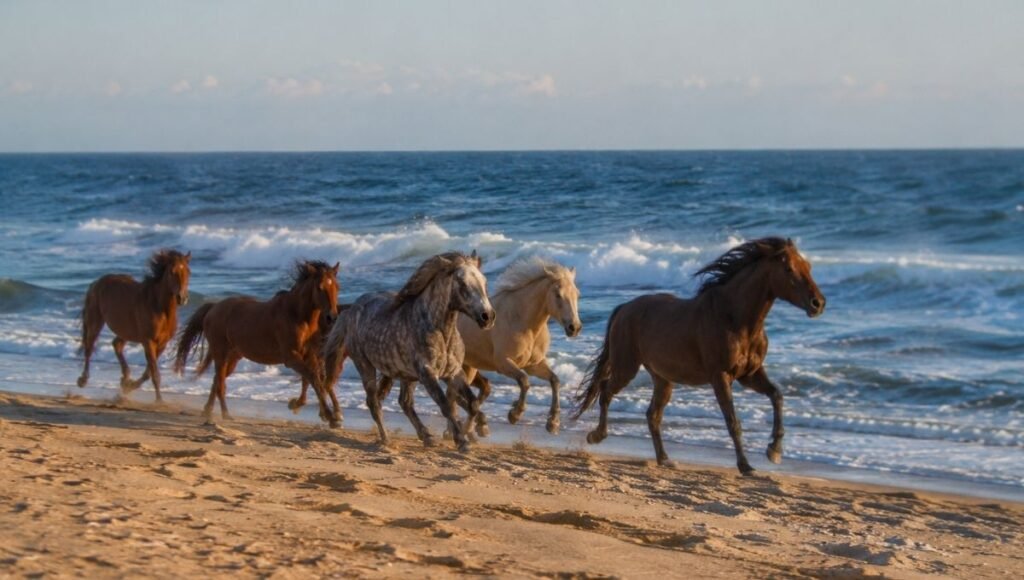 Wild Spanish mustang horses running freely on the windswept Atlantic beach at Corolla in the Outer Banks North Carolina