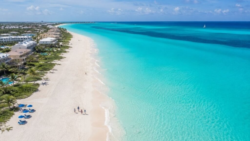 Aerial view of Providenciales Turks and Caicos showing Grace Bay Beach white powder sand and turquoise Caribbean water with barrier reef visible offshore