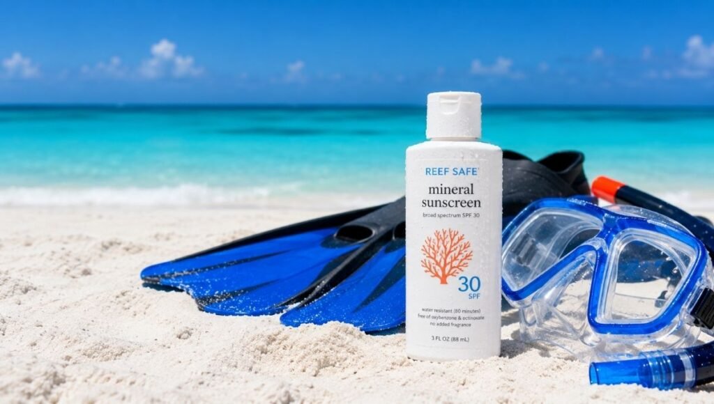 Reef safe mineral sunscreen bottle on white sand beach next to snorkeling mask and fins with turquoise Caribbean water visible in the background