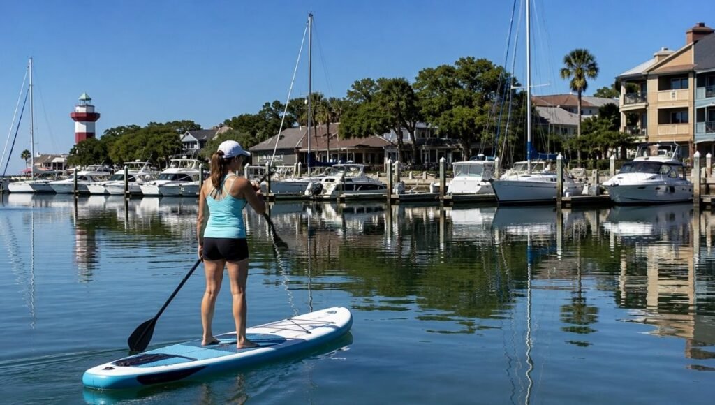 Person stand-up paddleboarding on calm flat harbour water at Shelter Cove Marina in Hilton Head Island South Carolina with sailboats in the background