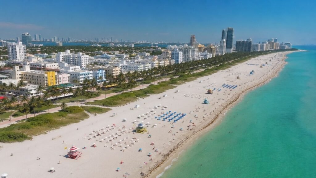 Aerial view of South Beach Miami Beach Florida showing wide white sandy beach turquoise Atlantic water colorful Art Deco hotels and iconic lifeguard stands