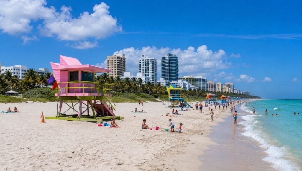 Iconic colorful pastel lifeguard stands on South Beach Miami Beach Florida with Lummus Park behind and families playing on the white sand