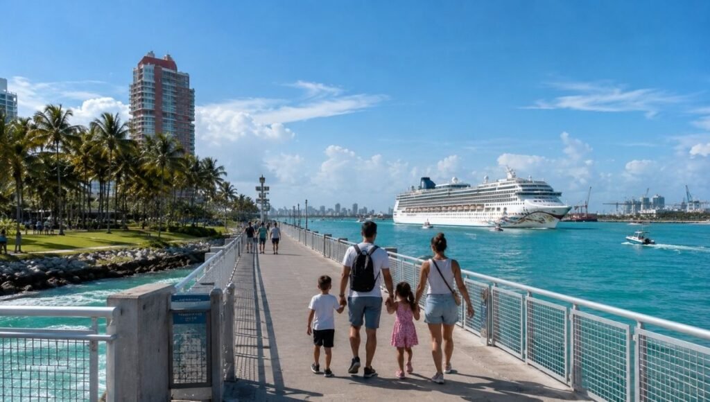 Family walking on South Pointe Park pier in Miami Beach Florida with a large cruise ship passing through Government Cut channel in the background