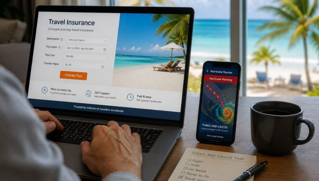 Person booking travel insurance online with tropical beach visible through window and smartphone showing weather app hurricane tracking on desk