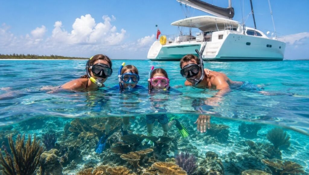 Family snorkeling from a catamaran boat over the turquoise barrier reef in Turks and Caicos with vibrant coral visible below the clear surface