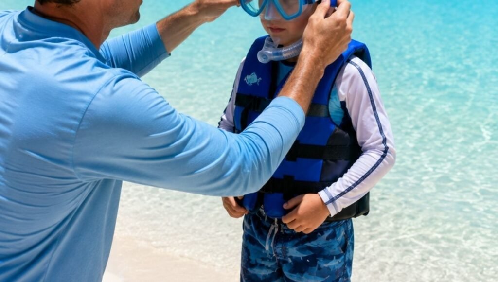 Young child wearing a properly fitted child sized snorkel mask and snorkeling vest on a white Caribbean beach in Turks and Caicos with parent helping adjust the equipment