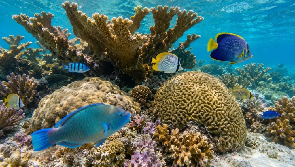 Underwater view of vibrant coral reef at Bight Reef Turks and Caicos showing colorful tropical fish including parrotfish and angelfish swimming around healthy coral formations