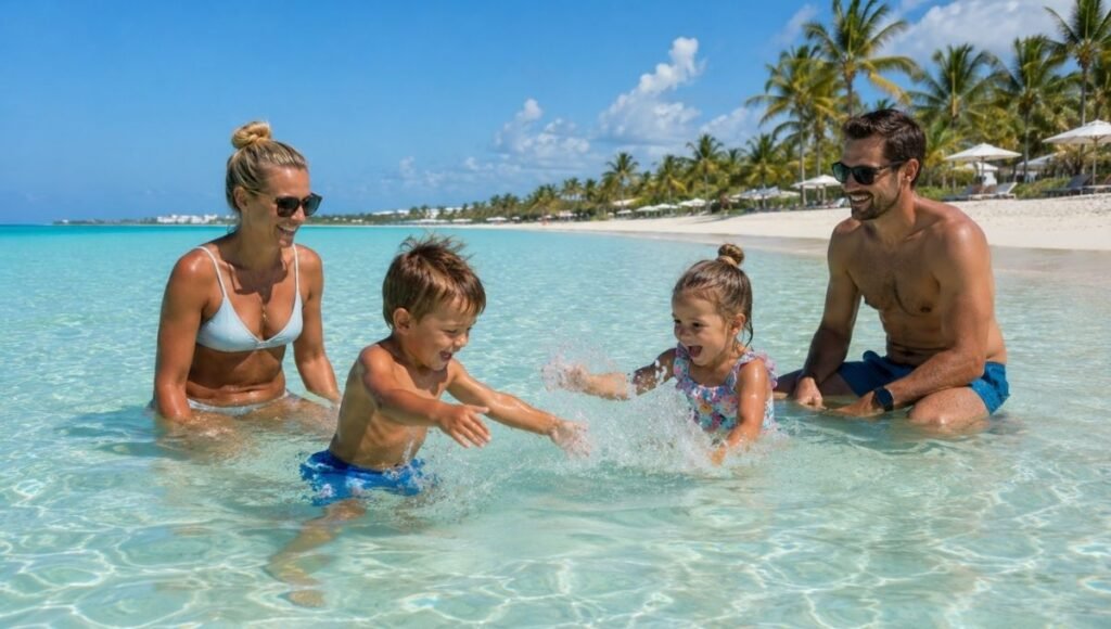 Family with young children swimming and playing in calm shallow turquoise water at Grace Bay Beach Turks and Caicos on a bright sunny Caribbean day