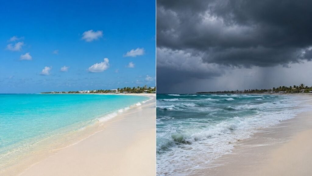 Split image showing calm turquoise Caribbean beach in Turks and Caicos on a clear day versus dramatic stormy sky with rough waves illustrating hurricane season weather risk