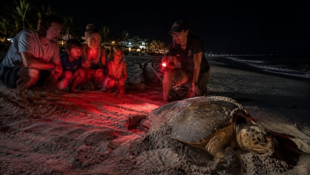 Family watching a loggerhead sea turtle nesting on the beach at night during a guided turtle watching tour in Turks and Caicos during nesting season