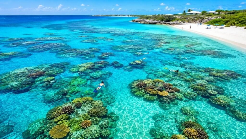 Aerial view of Bight Reef Coral Gardens in Providenciales Turks and Caicos showing crystal clear turquoise water revealing vibrant coral reef formations with snorkelers visible