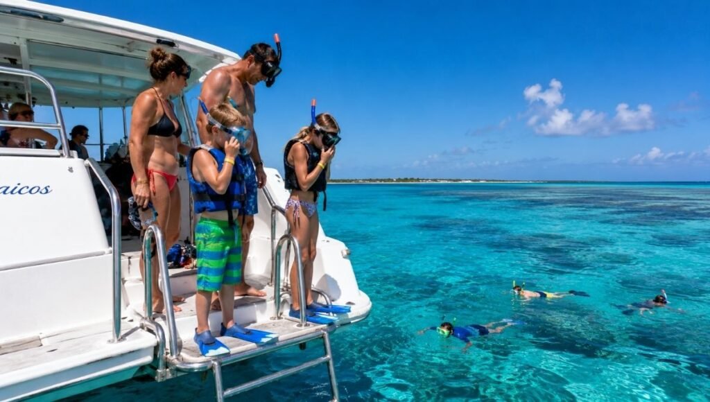 Family on a snorkeling catamaran boat tour in turquoise Caribbean waters of Turks and Caicos with children and parents in snorkel gear preparing to enter the water