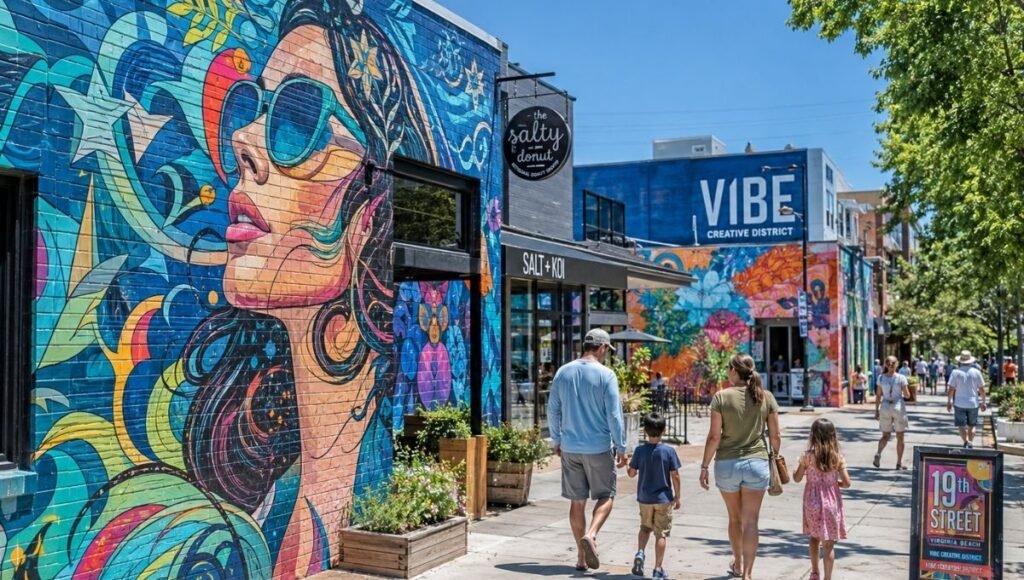 ViBe Creative District Virginia Beach 19th Street showing colorful large scale street art murals with family walking past and independent shops visible