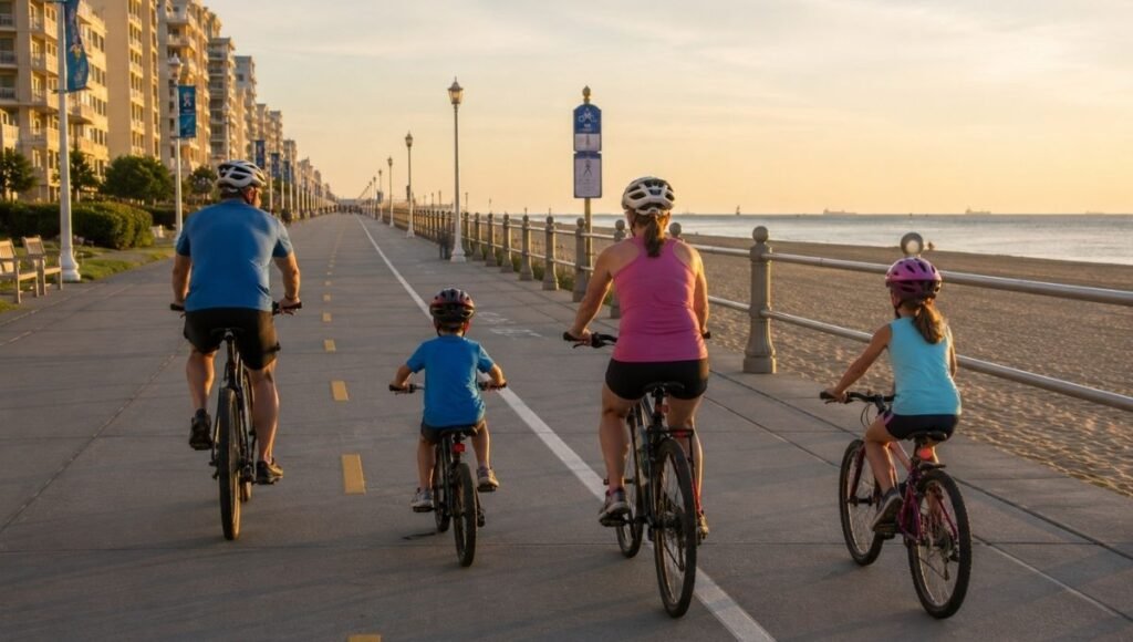 Family cycling together along the dedicated bike lane on the Virginia Beach boardwalk with Atlantic Ocean visible in early morning golden light