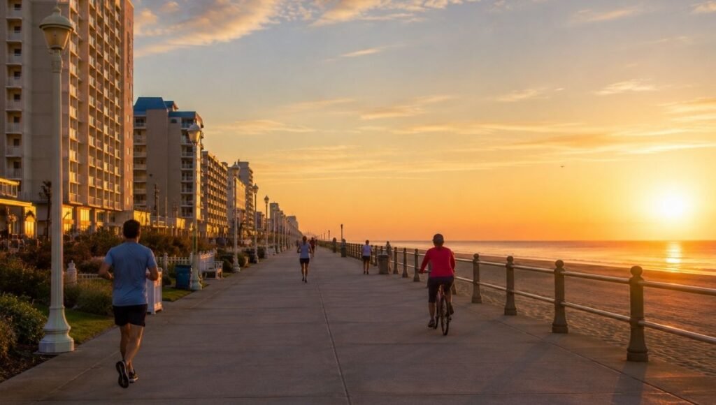 Virginia Beach boardwalk at sunrise showing golden light over the Atlantic Ocean with early morning joggers and resort hotels visible