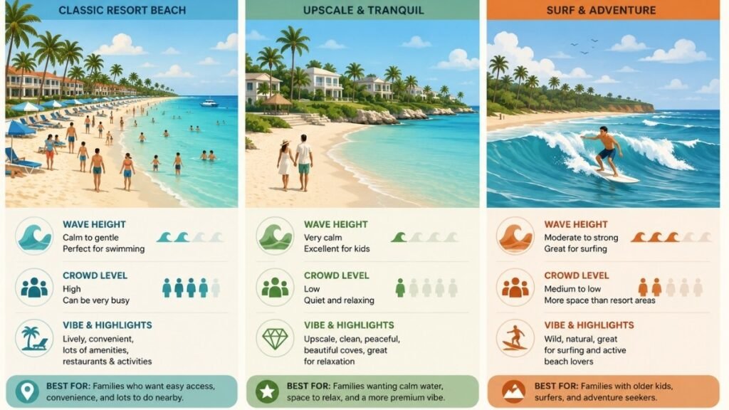 Side-by-side comparison of Playa Bávaro, Cap Cana, and Macao Beach water and wave conditions