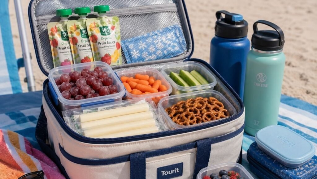 Open insulated soft cooler bag showing organized beach snacks including sealed containers of grapes vegetables string cheese and fruit pouches with reusable water bottles