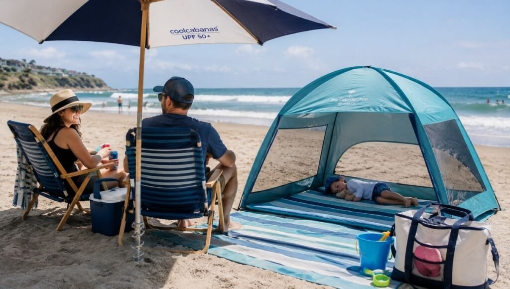 Family beach setup with UV-rated anchored umbrella and pop-up canopy shelter for toddler alongside beach chairs creating a complete shade system