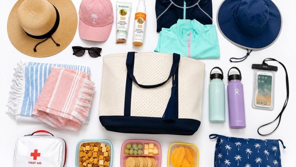 Organized flat lay of family beach vacation packing essentials including sunscreen rash guards hats waterproof pouch water bottles towels and first aid kit on white background