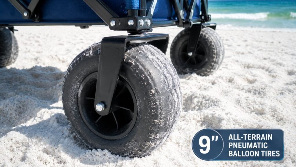 Close up of large 9-inch pneumatic balloon tire wheels on a beach wagon floating on top of deep loose powder sand without sinking