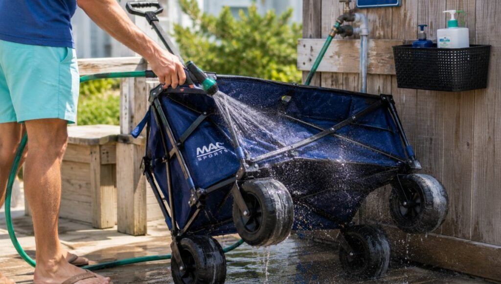 Person rinsing beach wagon wheels and steel frame with fresh water hose after a beach day to remove salt water and sand for maintenance