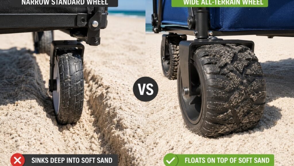 Side by side comparison of narrow standard beach wagon wheel sinking in soft sand versus wide all-terrain wheel floating on top of the same soft sand