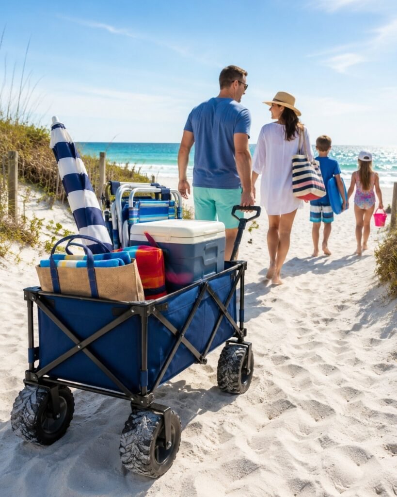 Family pulling a fully loaded collapsible beach wagon with wide all-terrain wheels across soft white sandy beach toward the ocean on a bright sunny day