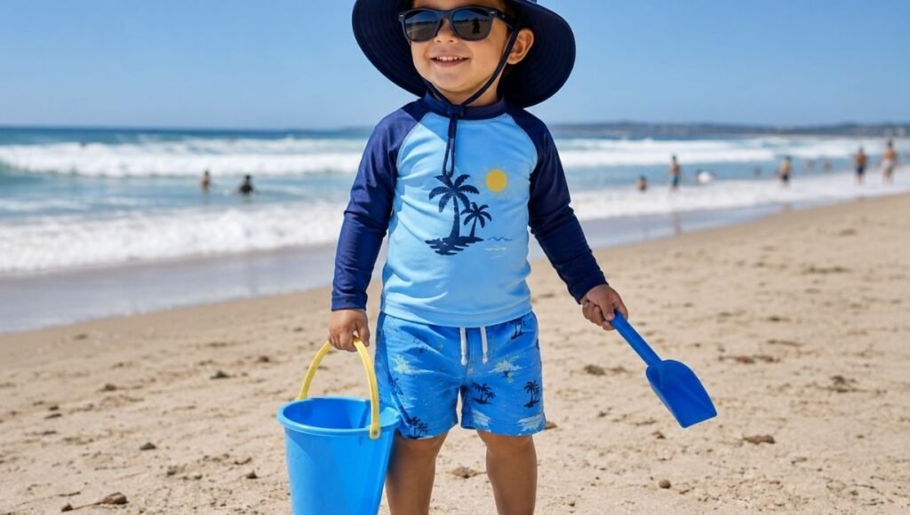 Young child at the beach wearing complete sun protective outfit including UPF 50 rash guard wide brim hat UV sunglasses and water shoes on a bright sunny day
