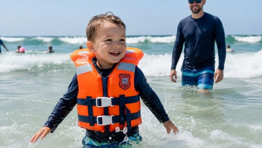 Young child wearing bright orange US Coast Guard approved life jacket in Atlantic ocean surf with parent standing close by in shallow water