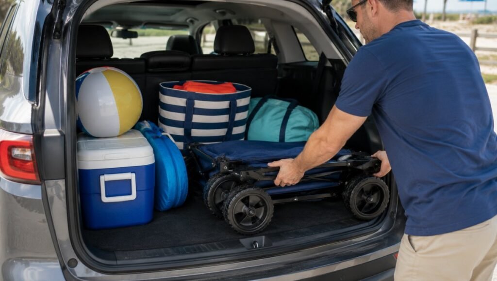 Collapsible beach wagon folded flat being loaded into a car trunk SUV alongside other beach gear showing compact storage size