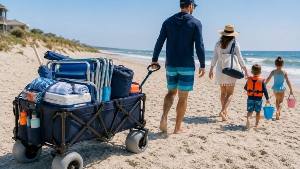 Collapsible beach wagon with wide sand wheels fully loaded with cooler towels umbrella and beach chairs being pulled by family across sandy beach