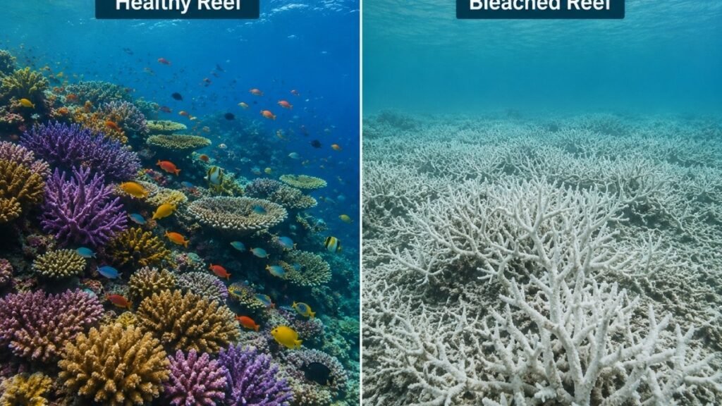 Split image comparison of vibrant healthy colorful coral reef with tropical fish versus bleached white dead coral reef showing environmental impact