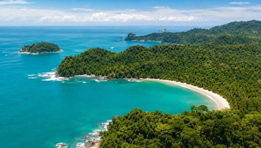 Aerial view of Manuel Antonio National Park Costa Rica showing white sand beach surrounded by lush tropical rainforest and calm turquoise Pacific Ocean cove
