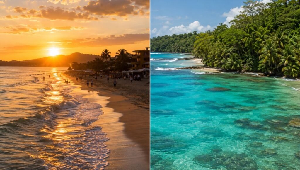 Split image comparing Costa Rica Pacific Coast dramatic sunset surf waves versus calm turquoise Caribbean Coast water with coral reef and jungle at Punta Uva