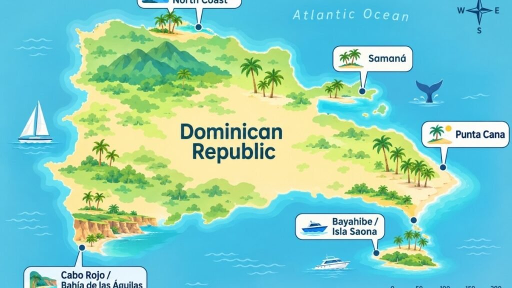 Map of the Dominican Republic showing Punta Cana, Samaná, Puerto Plata, Bayahibe, and Cabo Rojo beach regions