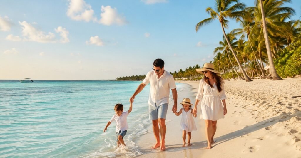 Family playing on a white sand Caribbean beach in the Dominican Republic with turquoise water