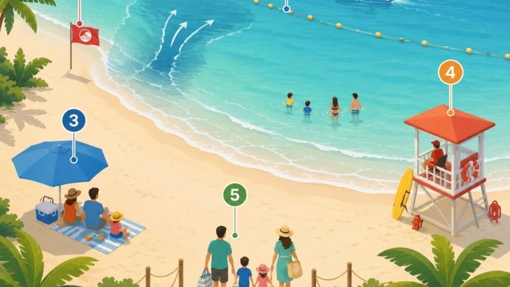 Illustrated checklist of beach hazards parents should check before children enter the water