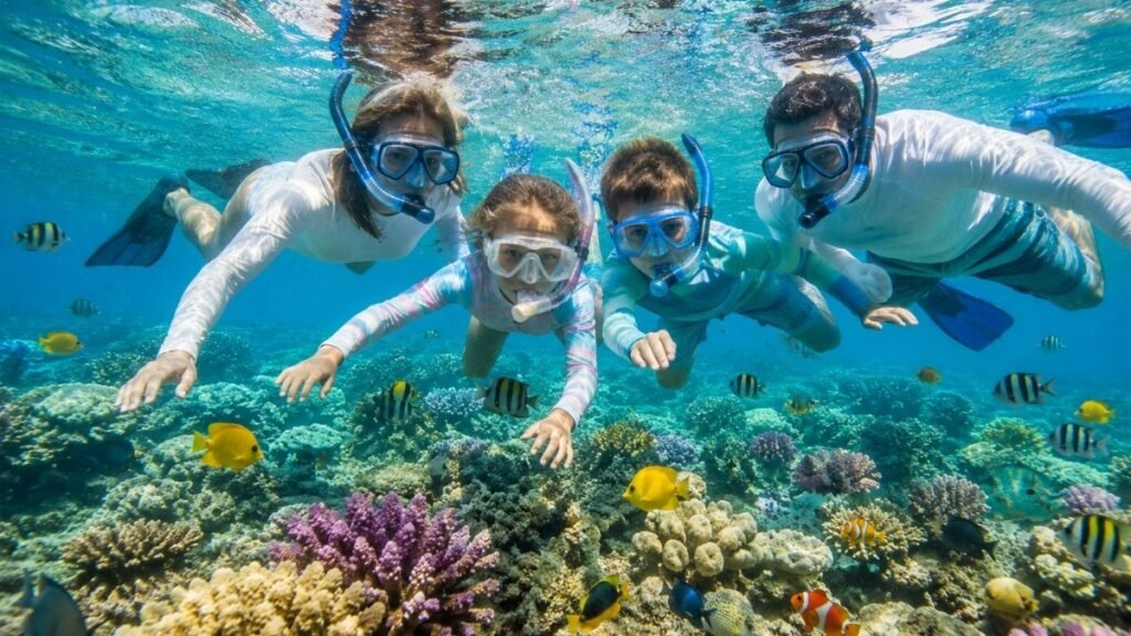 Family with children snorkeling over vibrant healthy coral reef in clear turquoise tropical water with colorful fish swimming around them while wearing reef safe sunscreen