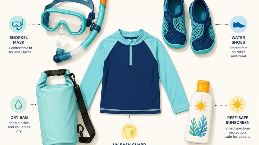 Diagram of child-friendly snorkeling gear including mask, water shoes, and rash guard